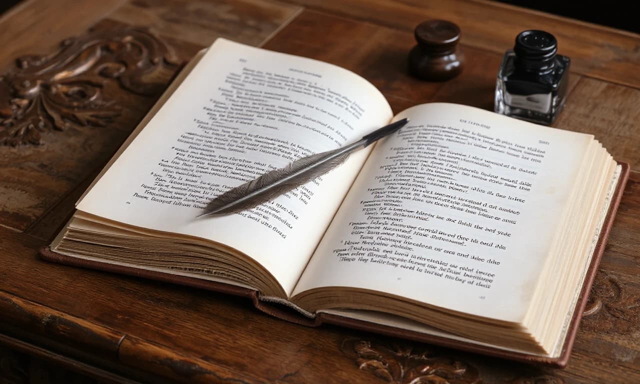 Раскрытая книга со слегка пожелтевшими страницами, лежащая на резном деревянном столе, рядом находятся перо и чернильница