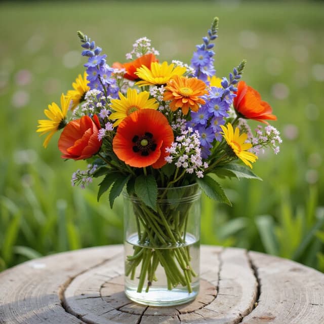 A fresh wildflower bouquet in a clear glass vase standing on a rustic wooden table. The arrangement features vibrant colors: red poppies, yellow and orange daisies, blue and purple delphiniums, tiny white clusters, and delicate pink blooms. Green stems and foliage. The background is a blurred meadow with green grass (bokeh effect). Daylight, soft sunshine, sharp details, realistic macro photography, floral aesthetic, vibrant colors, 8k, photorealistic.