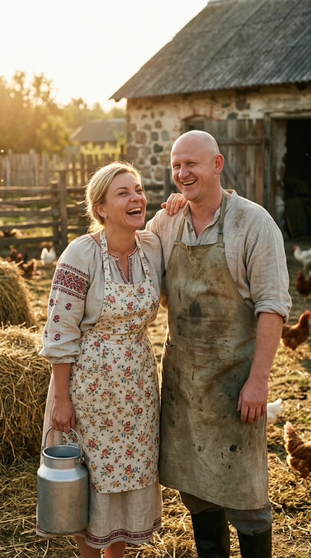 Hyper-realistic cinematic film still of a cheerful milkman and a milkmaid in a rustic countryside setting. The man and woman maintain their exact facial features from the references, with perfect anatomical proportions and natural skin tones. The milkman wears traditional linen clothes and a weathered apron, while the milkmaid is dressed in authentic vintage rural attire with delicate embroidery. They are captured in a candid, joyful moment, laughing amidst a sun-drenched farmyard. The scene is filled with rich details: wooden milk pails, fresh hay, a rustic barn in the soft-focus background, and gentle morning mist. Lighting is warm, natural golden hour sunlight, creating soft shadows and a glowing atmosphere. Shot on 35mm lens, high dynamic range, shallow depth of field, exquisite textures of fabric and skin, organic film grain, masterpiece quality, highly detailed environment, no digital artifacts, authentic pastoral mood.