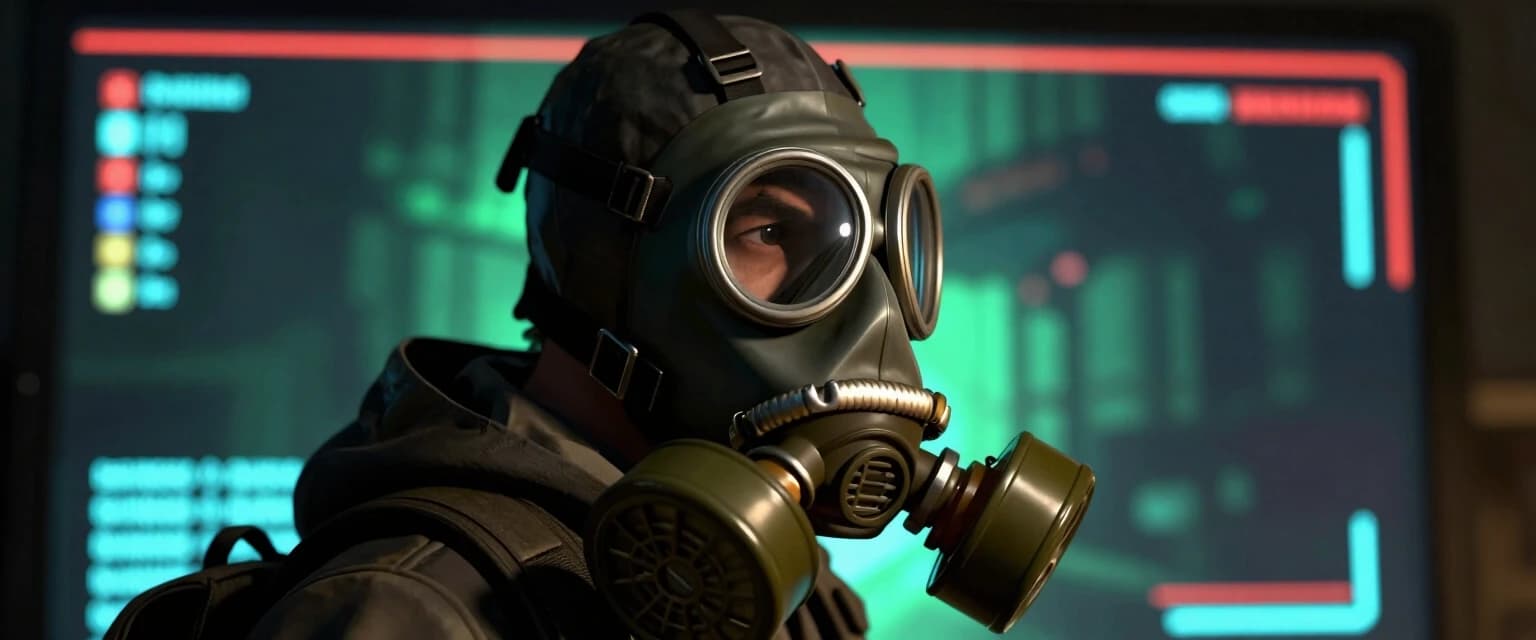 Создай изображение персонажа из игры nuclear nightmare который носит противогаз, и сделай так что бы он смотрел в экран одной стороной
