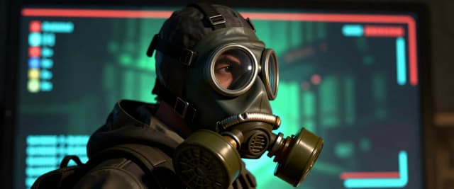 Создай изображение персонажа из игры nuclear nightmare который носит противогаз, и сделай так что бы он смотрел в экран одной стороной