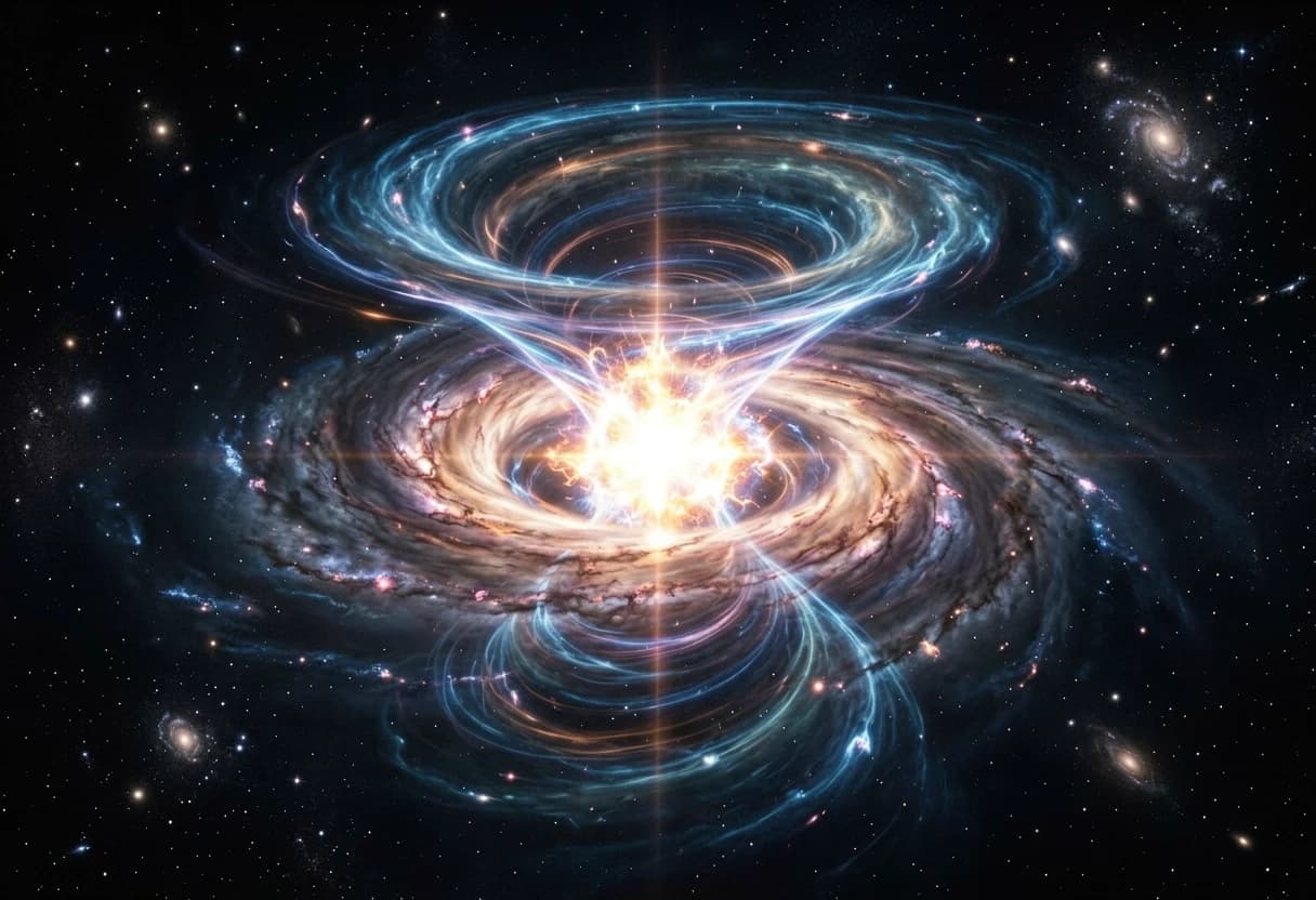 "A massive galactic quantum spiral shaped like an hourglass, consisting of two gigantic rotating energy funnels that taper and meet at the exact center. A blinding quantum flash explosion occurs at the convergence point where the funnels touch. Side view emphasizing the 3D volumetric structure and depth. The image highlights the boundless vastness of space with countless shimmering stars in the deep black background. Cinematic lighting, photorealistic, 8k resolution, epic scale, glowing energy filaments.