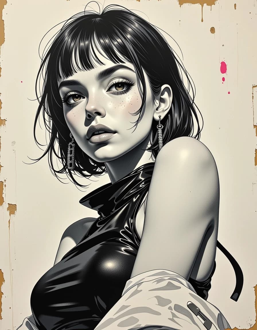 A masterpiece,  in the style of the 1980s, with bold lines, dynamic strokes and rich textures, on background with a touch of nostalgia, perhaps with subtle drawings inspired by cellulose and vintage, worn textures similar to paper, oil painting, black and white pencil and ink graphics, jagged lines, sharp angles, shading, high detail, three-quarter turn, free pose. power and glory, extreme, pencil sketch, drawing of a woman in a black and white outfit, thin and sharp lines, scene background, high view, neon cyberpunk, Pastel chiffon colours, dreamlike paint