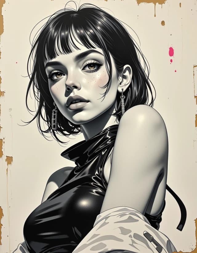 A masterpiece,  in the style of the 1980s, with bold lines, dynamic strokes and rich textures, on background with a touch of nostalgia, perhaps with subtle drawings inspired by cellulose and vintage, worn textures similar to paper, oil painting, black and white pencil and ink graphics, jagged lines, sharp angles, shading, high detail, three-quarter turn, free pose. power and glory, extreme, pencil sketch, drawing of a woman in a black and white outfit, thin and sharp lines, scene background, high view, neon cyberpunk, Pastel chiffon colours, dreamlike paint