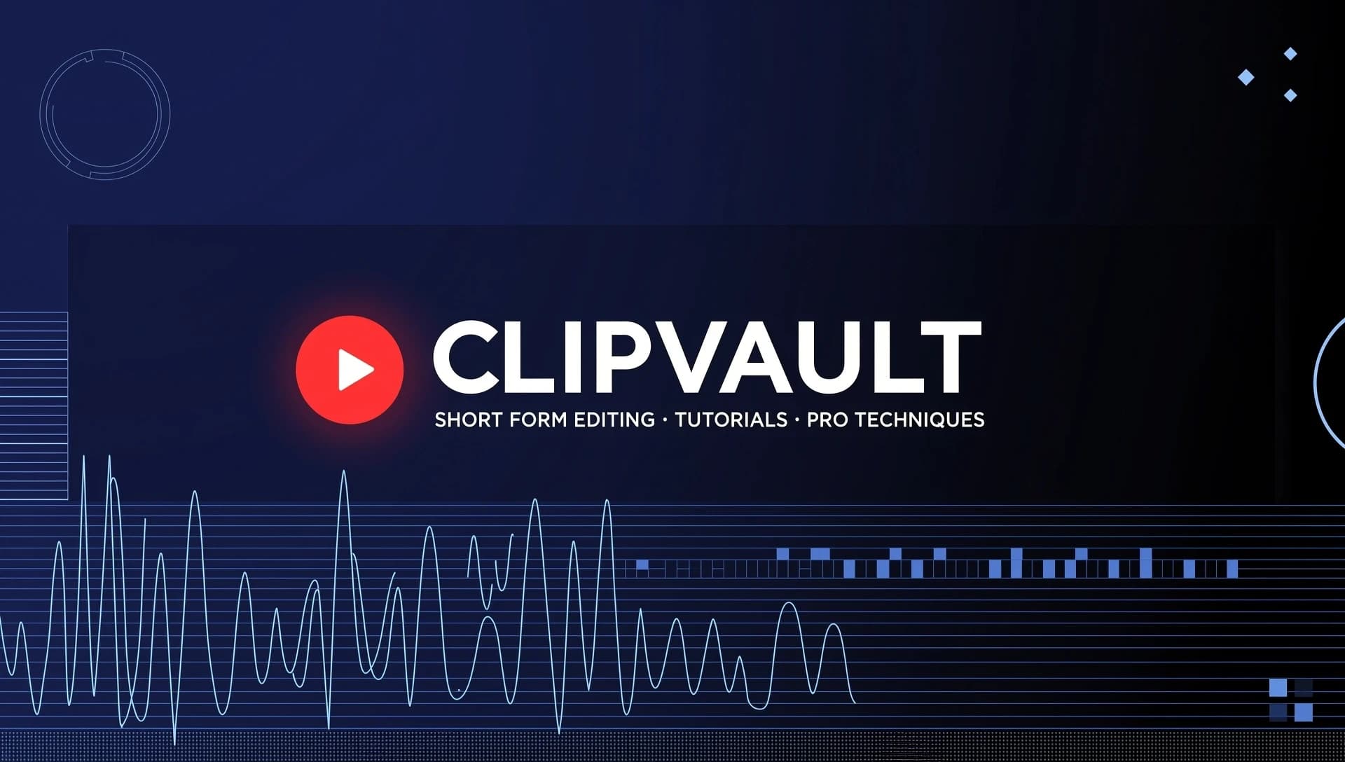 Wide YouTube channel banner for a modern short-form video editing channel called ClipVault.
Dark navy and black gradient background, subtle abstract audio waveform and editing timeline,
small red play-button accent, clean premium media-studio aesthetic,
high contrast, minimal design, no people, no flags, no small text,
leave the centered safe area clear for logo and headline.