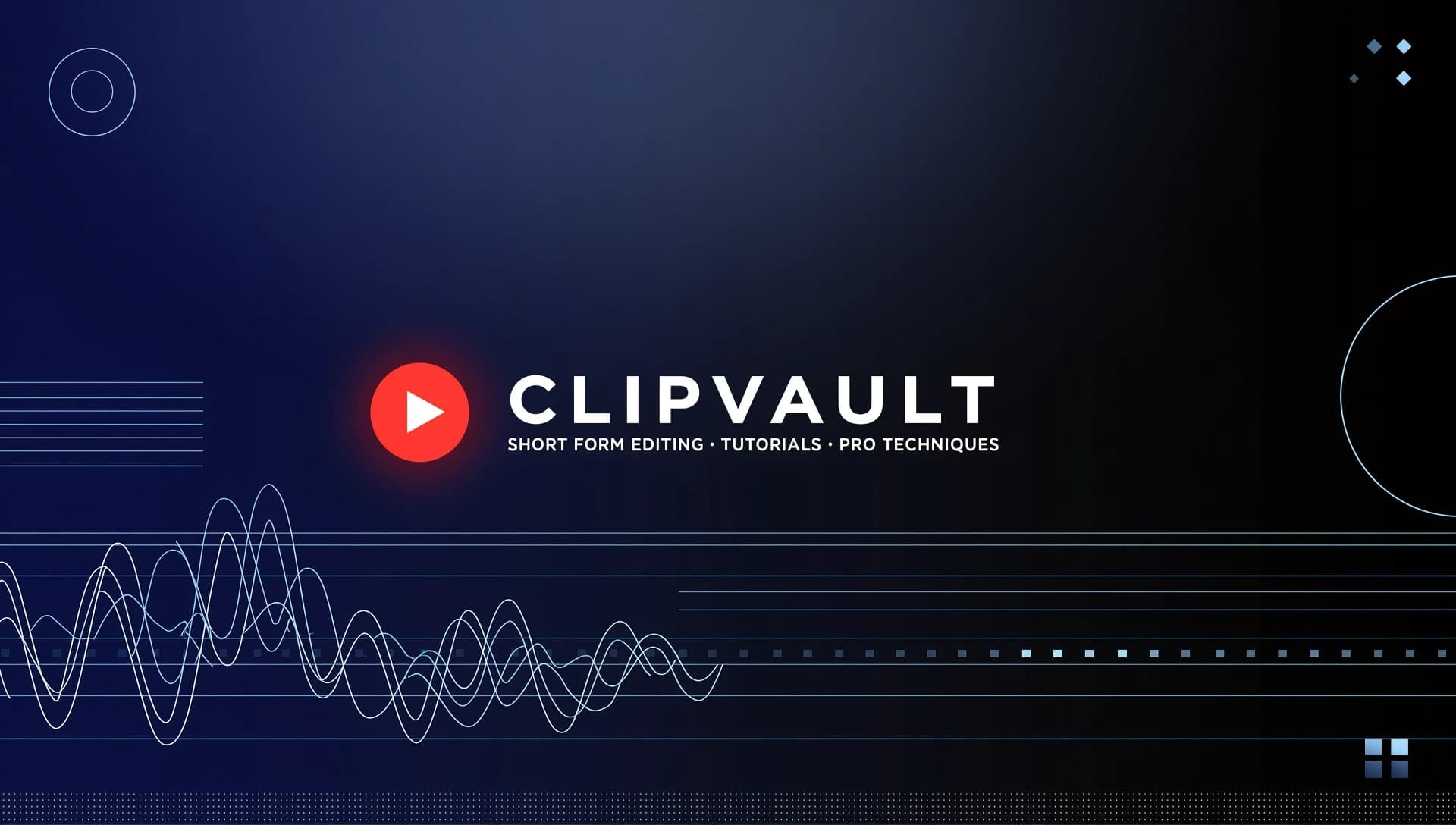 Wide YouTube channel banner for a modern short-form video editing channel called ClipVault.
Dark navy and black gradient background, subtle abstract audio waveform and editing timeline,
small red play-button accent, clean premium media-studio aesthetic,
high contrast, minimal design, no people, no flags, no small text,
leave the centered safe area clear for logo and headline.