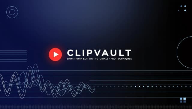 Wide YouTube channel banner for a modern short-form video editing channel called ClipVault.
Dark navy and black gradient background, subtle abstract audio waveform and editing timeline,
small red play-button accent, clean premium media-studio aesthetic,
high contrast, minimal design, no people, no flags, no small text,
leave the centered safe area clear for logo and headline.