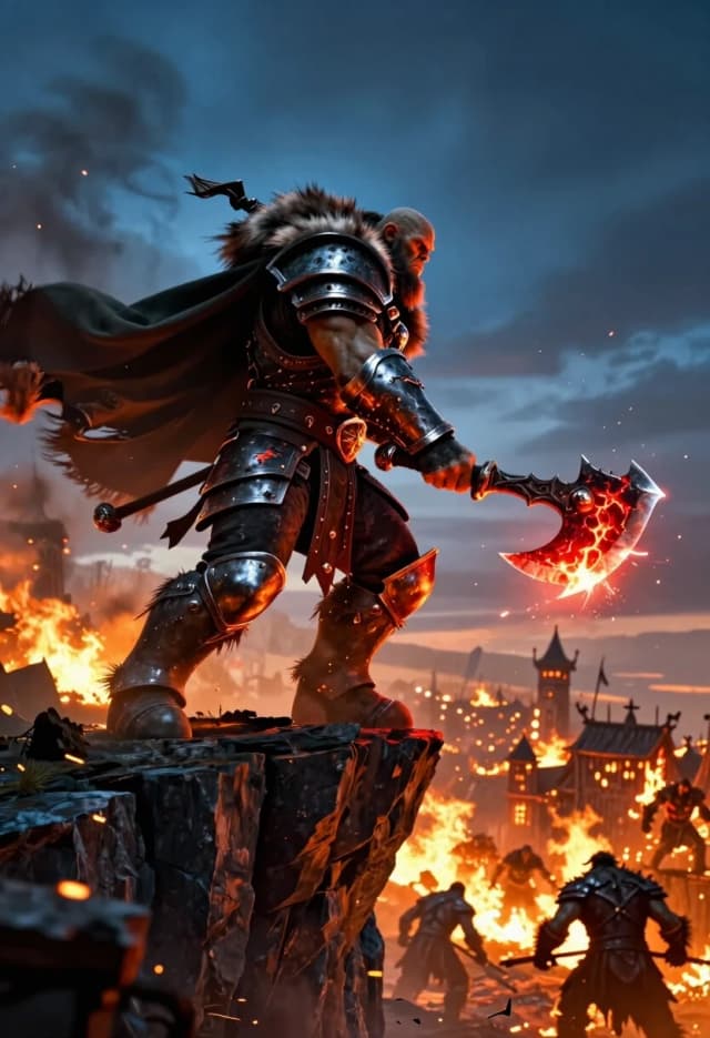 Epic low-angle shot of a massive Orcish Hunter standing on a jagged cliff edge, overlooking a burning village under attack by beastmen. He is preparing for a leap, gripping a colossal jagged cleaver that glows with intense molten red energy. Dramatic contrast between the deep blue twilight sky and the fierce orange glow of the fires below. Detailed muscular anatomy, heavy iron plating with battle damage, fur pelt cloak fluttering in the wind. Volumetric smoke, flying embers, and sparks filling the air. High-fashion fantasy armor design, sharp focus, cinematic composition, 8k, hyper-detailed, breathtaking scale, digital art masterpiece.