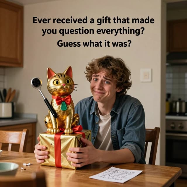 Cinematic photorealistic portrait of a young person sitting at a kitchen table, holding a bizarre, oversized, brightly wrapped gift in their hands — a giant, tacky gold-plated statue of a cat or a ridiculous set of shoe-shining tools, clearly useless to them. Their facial expression is a strained, polite smile, trying to look grateful, but their eyes show mild confusion and despair. On the table next to them, a small, crumpled handwritten note or a simple handmade card lies abandoned, which clearly means much more to them. The room is cozy and casual. The composition has a large empty wall behind the person, perfect for adding humorous event text like "Ever received a gift that made you question everything?" or "Угадайте, что это было?". Playful, ironic, relatable, warm lighting, slightly comedic but sympathetic mood, photorealistic, shallow depth of field, 4:5 aspect ratio.