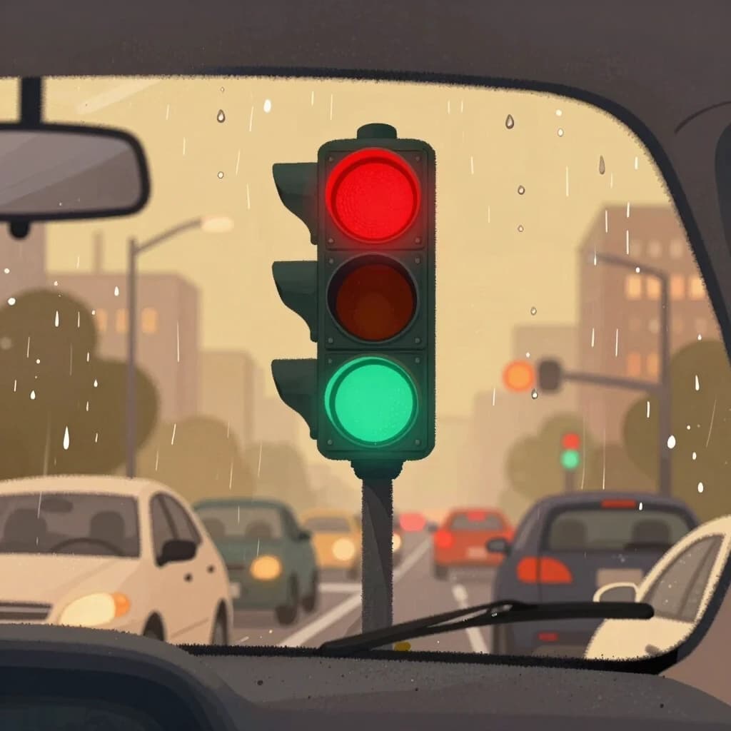 Warm cozy illustration, view from inside a car through the windshield at a rainy evening intersection. A large traffic light is clearly visible in the center, red signal on top glowing brightly, green signal on the bottom dim. The traffic light is emphasized with a subtle glowing outline around the top red circle. Soft bokeh city lights in the background, raindrops on the windshield. Warm muted color palette with yellowish-brown tones. Style: friendly editorial illustration, slightly retro, soft lighting, watercolor-like texture. No text.