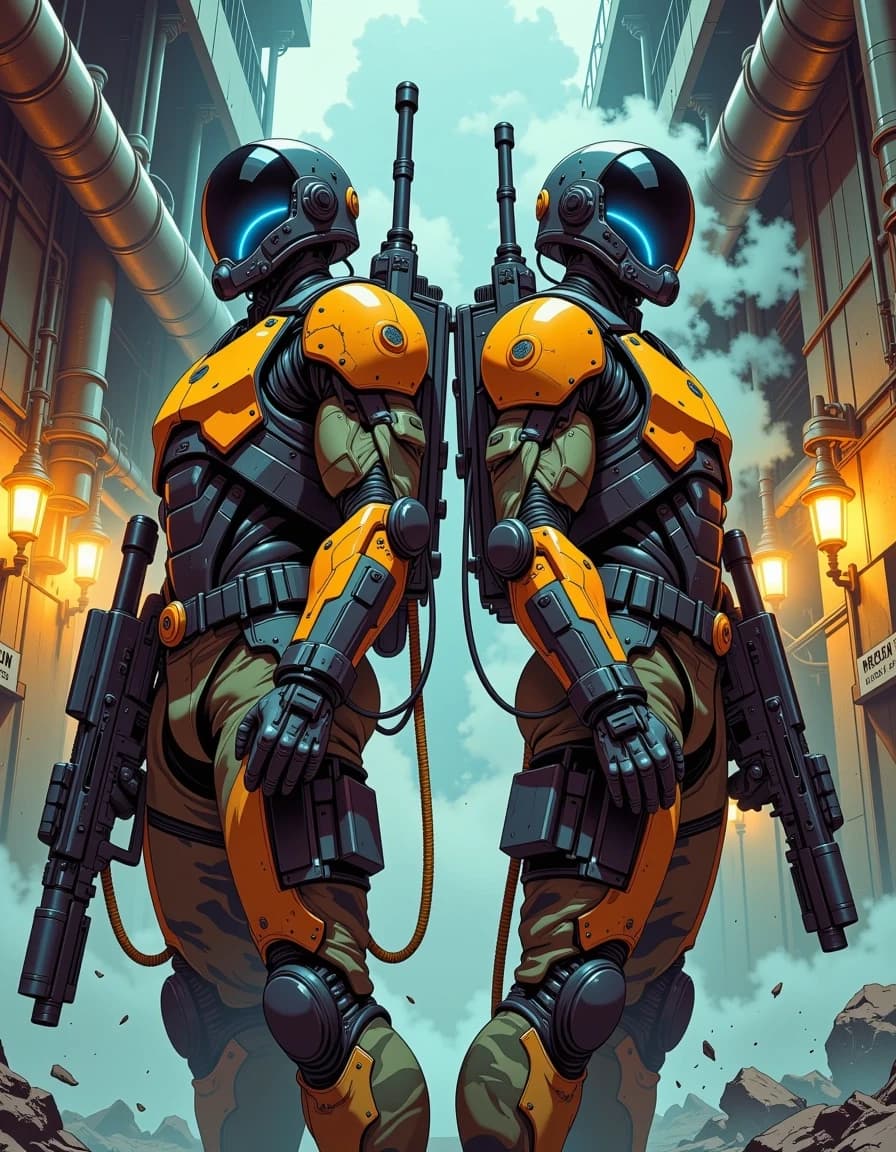 A masterpiece,  in the style of the 1980s, with bold lines, dynamic strokes and rich textures, on background with a touch of nostalgia, perhaps with subtle drawings inspired by cellulose and vintage, worn textures similar to paper, oil painting, Two futuristic soldiers standing back-to-back in a ruined industrial/nuclear power plant, cinematic composition, low-angle wide shot; heavy fog and steam swirling around their legs, broken concrete, exposed rebar, massive rusted turbine housings and hanging electrical cables in background; radiation warning signs and flickering industrial lights casting warm amber fills against cold blue glows from their weapons. Soldiers wear hybrid carbon-fiber exosuits and camo fabric, exposed synthetic muscle fibers and yellow braided conduits, articulated mechanical joints, pistons and pneumatic tubing; seamless glossy helmets with subtle scratches and integrated tech panels. Each holds a bulky energy rifle with glowing blue core panels, orange accent plates, vents and intricate mechanical detailing. Moody volumetric lighting, high contrast rim light, ultra-detailed textures: scratched metal, worn paint, grime, condensation and steam, photorealistic materials, cinematic color grading, dramatic tension, hyper-detailed concept art, 8k resolution, crisp microdetail, shallow depth-of-field with sharp focus on armor and weapons.