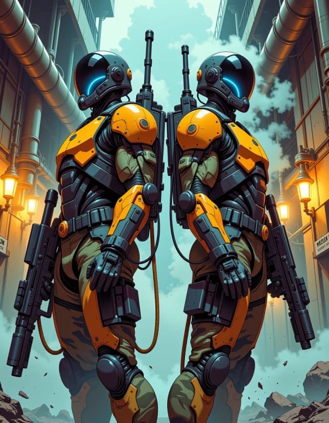 A masterpiece,  in the style of the 1980s, with bold lines, dynamic strokes and rich textures, on background with a touch of nostalgia, perhaps with subtle drawings inspired by cellulose and vintage, worn textures similar to paper, oil painting, Two futuristic soldiers standing back-to-back in a ruined industrial/nuclear power plant, cinematic composition, low-angle wide shot; heavy fog and steam swirling around their legs, broken concrete, exposed rebar, massive rusted turbine housings and hanging electrical cables in background; radiation warning signs and flickering industrial lights casting warm amber fills against cold blue glows from their weapons. Soldiers wear hybrid carbon-fiber exosuits and camo fabric, exposed synthetic muscle fibers and yellow braided conduits, articulated mechanical joints, pistons and pneumatic tubing; seamless glossy helmets with subtle scratches and integrated tech panels. Each holds a bulky energy rifle with glowing blue core panels, orange accent plates, vents and intricate mechanical detailing. Moody volumetric lighting, high contrast rim light, ultra-detailed textures: scratched metal, worn paint, grime, condensation and steam, photorealistic materials, cinematic color grading, dramatic tension, hyper-detailed concept art, 8k resolution, crisp microdetail, shallow depth-of-field with sharp focus on armor and weapons.