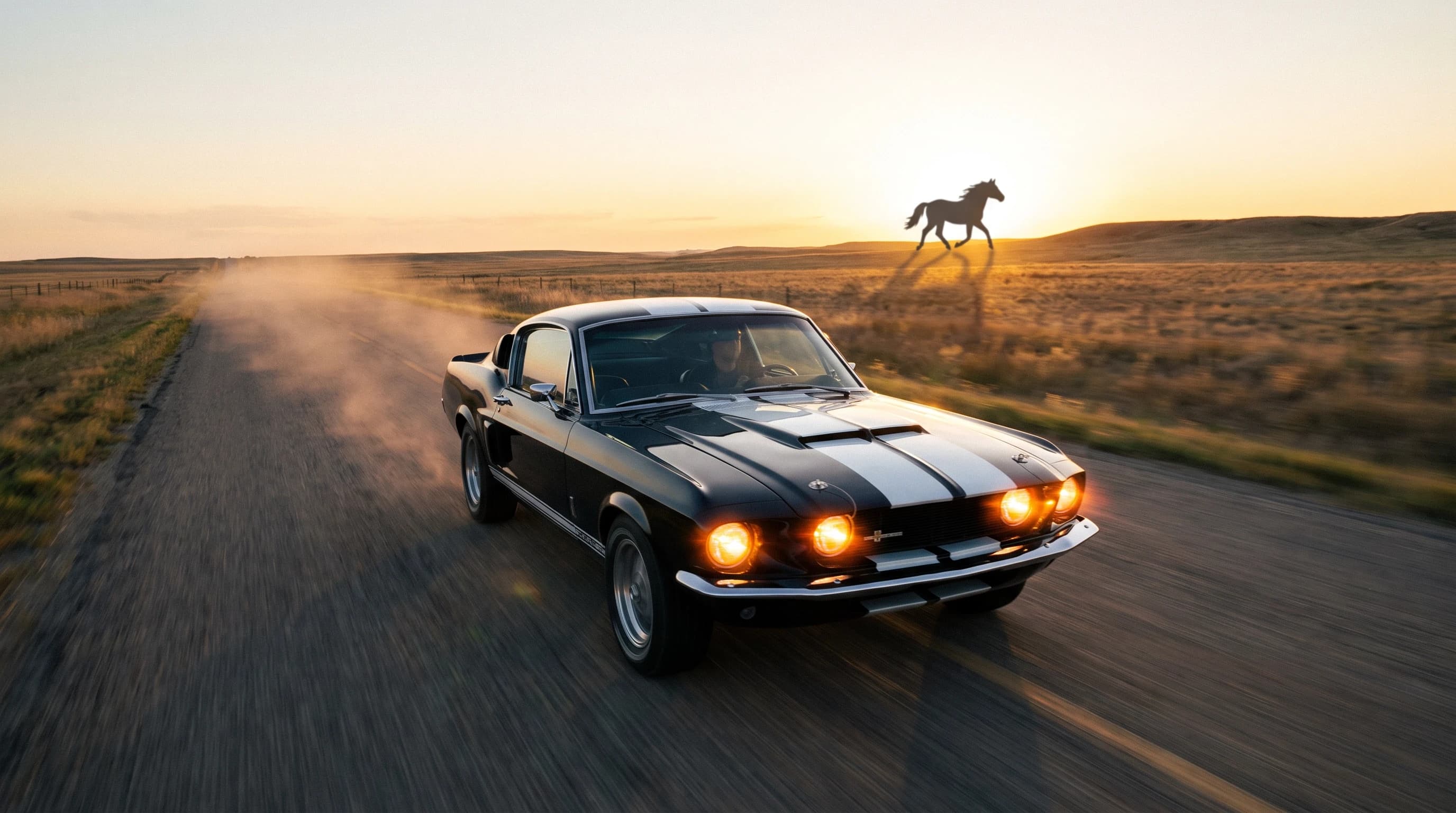Ford Mustang 1967 года, чёрный окрас, белые полоски, едет по дороге на фоне прерий и силуэта мустанга, эпичный ракурс, эффект скорости, закат, горящие фары, кинематографичная съёмка, шедевр