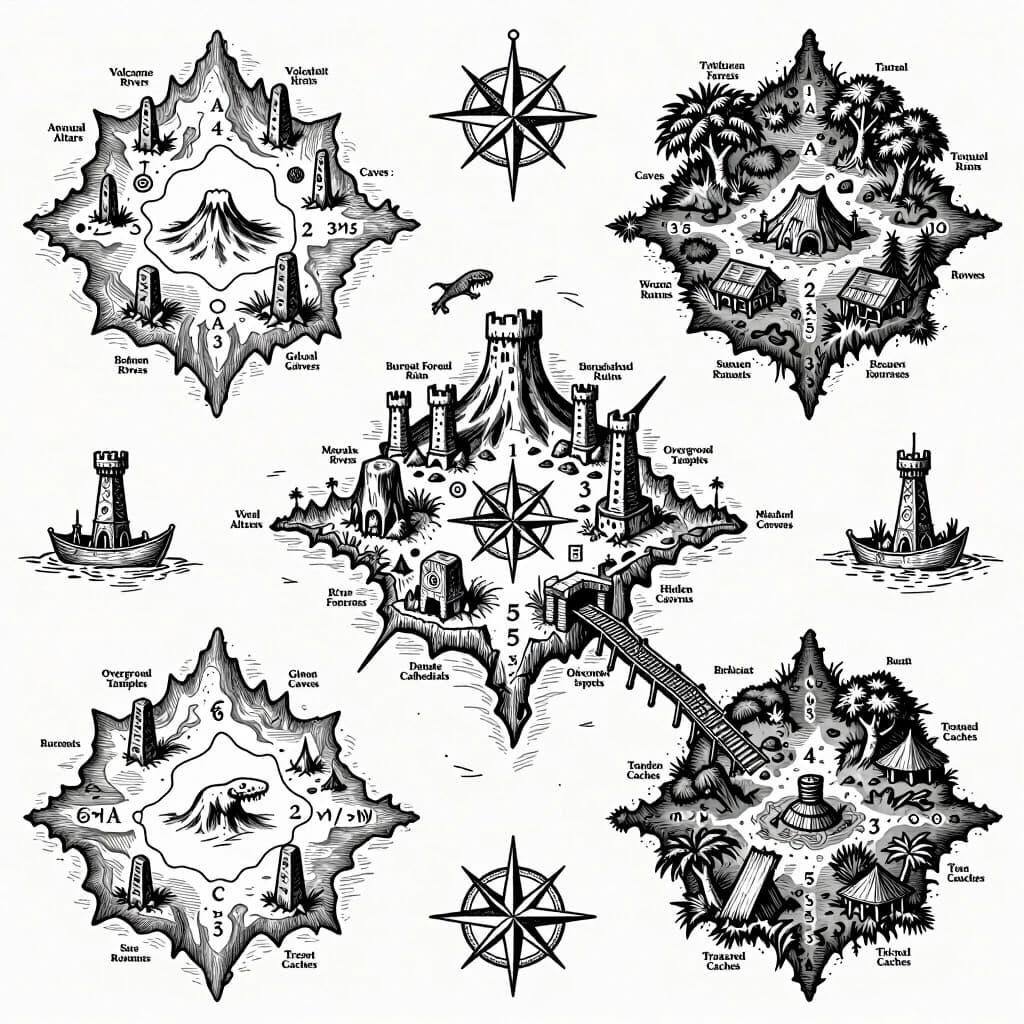 2D top-down authentic gritty dark fantasy nautical map, high-detail medieval woodcut style, inspired by Tainted Grail: Fall of Avalon. Pure white background with sharp, ultra-thin black outlines, strictly no frame, no borders, no fills, no gradients, clean line art. The sea area is rendered with realism, using fine vintage wave etching and a detailed antique compass rose:1, mystery fantasy runes:8, and warning emblem markings:5. Sharp, realistic coastlines feature traditional dark fantasy cartography hatching. The map depicts an archipelago of 5 large distinct climate islands and 10 small random islets, rendered as detailed hand-drawn topography symbols. The volcanic wasteland island contains Volcanoes:1, Ruined Castles:2, Ancient Altars:3, Caves:4, Rivers:3. The corrupted swamp island contains Burnt Forests:5, Swamps:4, Wooden Bridges:3, Worn Huts:2, Sunken Ruins:3. The frozen tundra island contains Glacial Rivers:2, Ice Caves:3, Stone Obelisks:4, Frozen Fortresses:1. The overgrown ancient jungle island contains Dense Forests:6, Overgrown Temples:2, Rope Bridges:4, Ritual Altars:3, Hidden Caverns:5. The central shattered citadel island contains Megalithic Castle Ruins:1, Abandoned Cathedrals:2, Broken Stone Bridges:5, Crypts:4. The small scattered islets feature Lone Watchtowers:3, Shipwrecks:4, Treasure Caches:5. The surrounding ocean includes menacing Sea Monsters:4 thin outlines. Every object, terrain line, and topographic feature is rendered exclusively as a hollow, gritty medieval engraving line. Strictly zero solid black blocks, strictly zero text words, highly detailed laser engraving masterwork.