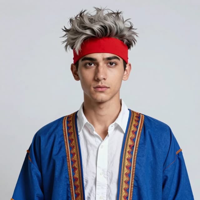 молодого мужчина, одноглазый, с копной пепельных нечёсаных волос, с красной повязкой на лбу, в синем кафтане поверх белой (и удивительно чистой) холщовой рубахи