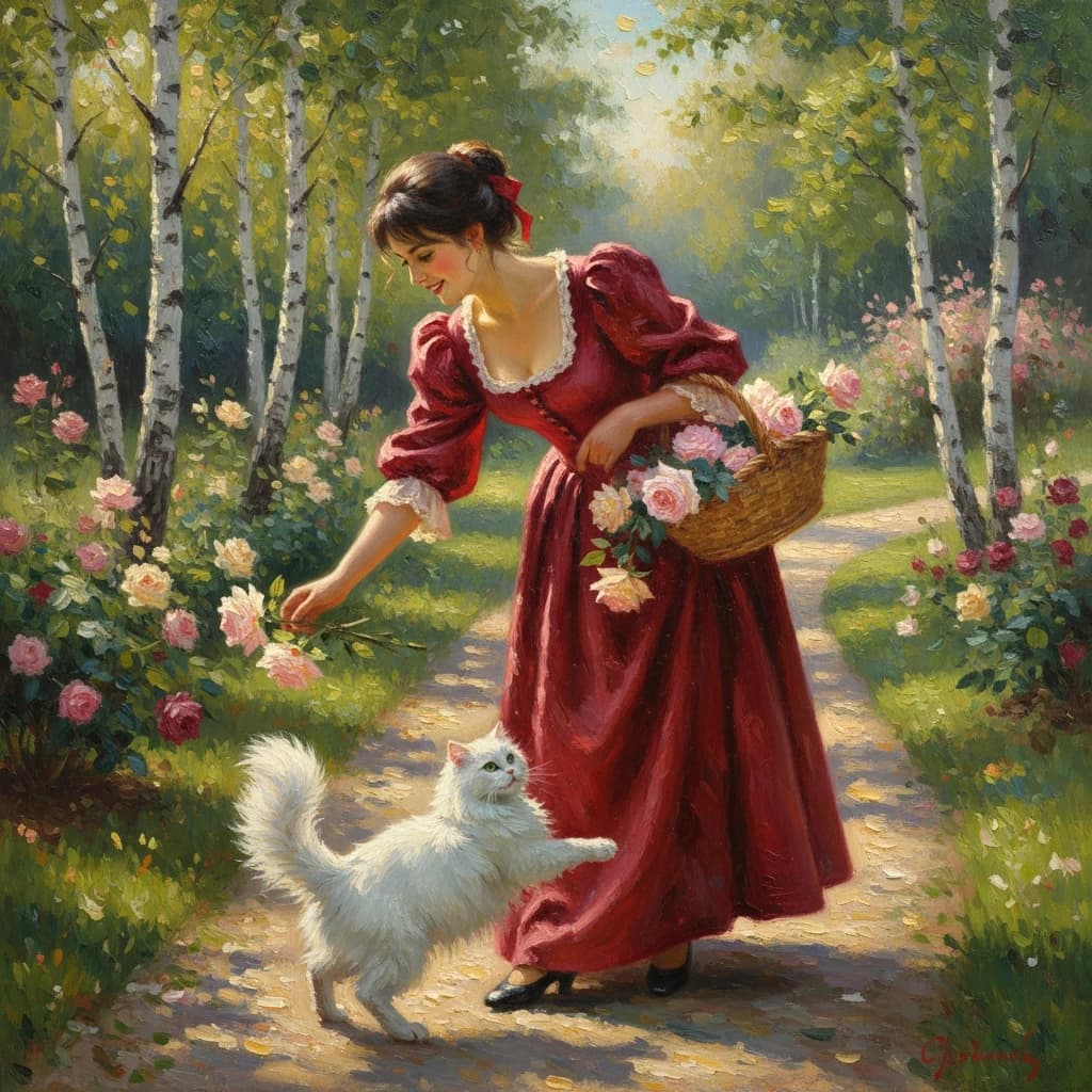 Full-length, vertical oil painting of a young woman in a flowing crimson 19th-century dress with puffed sleeves and delicate lace trim, bending to pick pale pink roses from a sunlit garden path; she carries a woven wicker basket overflowing with roses in shades of cream, blush, deep rose and burgundy, her dark hair loosely pinned with a red ribbon, soft tendrils framing a smiling, serene face. Dappled golden-hour light filters through birch-like trees, creating warm highlights and gentle shadows, luminous skin tones, rich saturated reds and lush greens. A playful fluffy white cat leaps at her skirt in the foreground, adding motion and charm. Painterly, impressionist-realist style, visible impasto brushstrokes, high-detail textures in fabric, petals and fur, soft atmospheric background with depth, romantic, nostalgic mood, balanced composition with leading path and layered midground and background foliage.