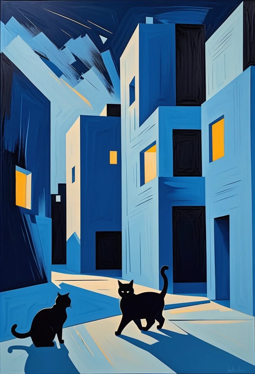 In the style of Malcolm T. Leipke
on a blue background,
night landscape, modern architectural landscape, walking silhouettes of cats angular, nervous brushstrokes, on a rough background, pastel, unfinished study
minimalism