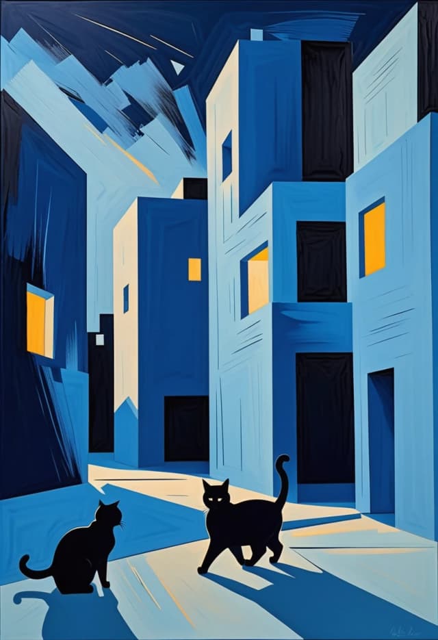 In the style of Malcolm T. Leipke
on a blue background,
night landscape, modern architectural landscape, walking silhouettes of cats angular, nervous brushstrokes, on a rough background, pastel, unfinished study
minimalism