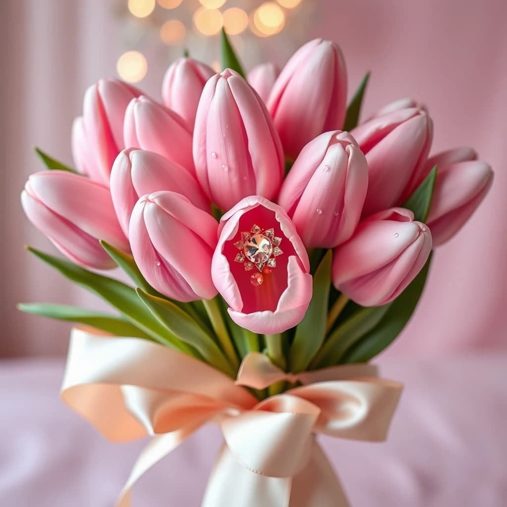Luxury birthday greeting card, elegant bouquet of soft pink tulips, porcelain-like petals, decorated with dew drops and pearl beads, champagne satin ribbon with crystal centerpiece, feminine, glamorous, premium aesthetic, pastel pink tones, shallow depth of field, bokeh background, studio lighting, ultra detailed, realistic art style, classy floral postcard Style: realistic, luxury, elegant CFG: 7–9, Seed: random