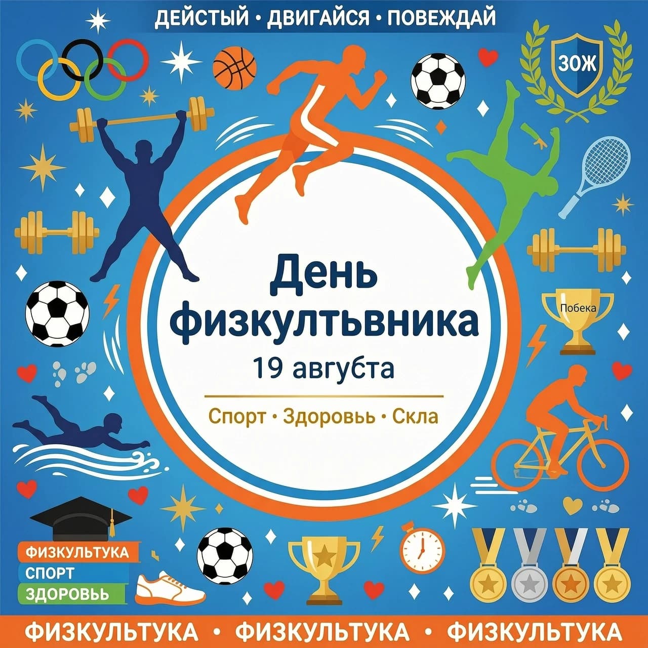 Нарисуй векторный рисунок на тему День физкультурника, оставь по центру свободное место для текста.