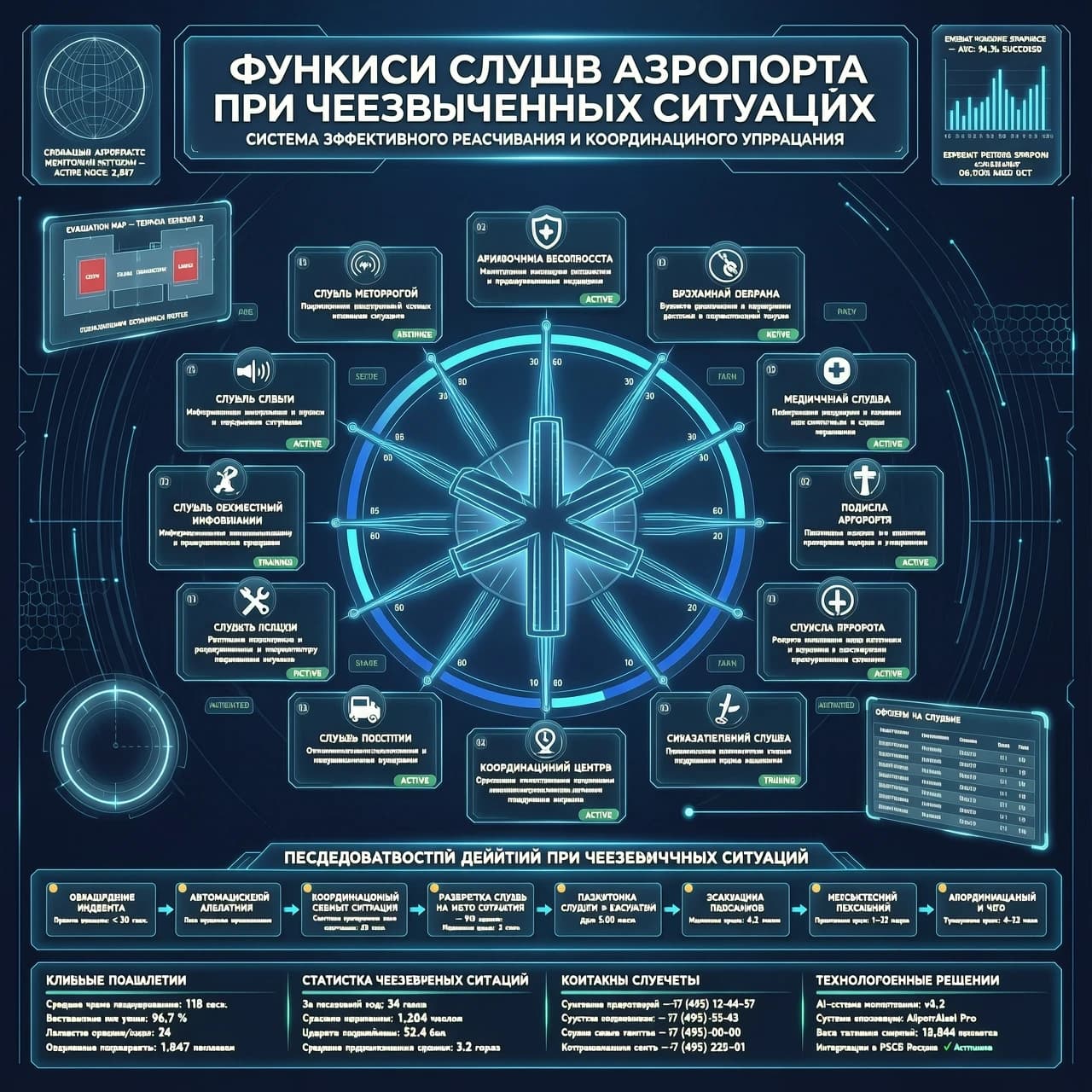 Функции служб аэропорта при  чрезвычайных ситуациях, в синих тонах футуристический стиль