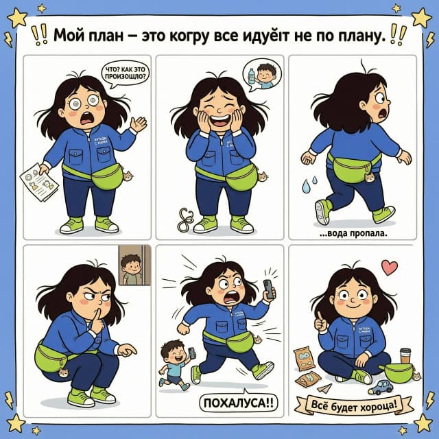 Смешная женщина тренер 40 лет. Работает с детьми с аутизмом и каждый день попадает в комичные смешные ситуации с ними на занятии. То отвернется дети её воду выпью, то содержимое сумки достанут, то смотрят в другую сторону пока она им что то усердно объяснят, то на ногу наступили, то телефон забрали и бегают по залу а она не может его забрать. Мультяшная 2д,похожа на стиль про кота саймона анимацию. Создай референс на персонажа, разные позы, костюм синий, на поясе салатовая поясная сумка Гаманец, носки салатовые, волосы расплетены средней длины, разные мимики.
Отличная генерация помоложе чуточку пусть глазки будут большие, сумка на поясе не прямоугольная а по форме напоминает полумесяц, лица добрые и смешные добавь, это юмористический персонаж. Её дивиз "Мой план-это  когда всё идёт не по плану.