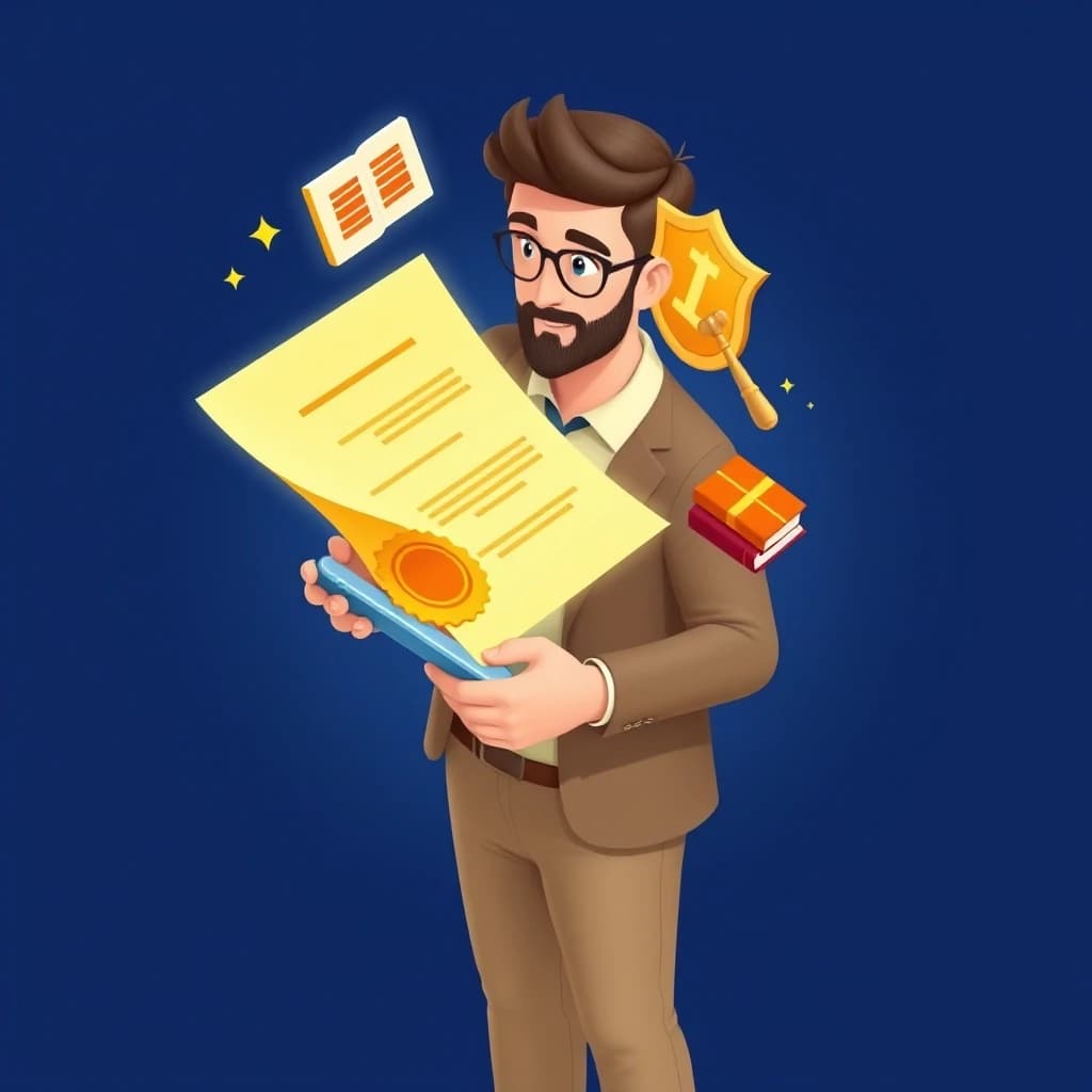 Isometric 3D illustration, middle-aged man standing relaxed, holding a smartphone in his hand, a bright 3D document with a seal and text  flying out of the phone screen, floating icons of a judge's gavel, a shield, law books, vibrant deep blue and gold background, modern minimalism,  rich lighting, detailed, isometric style, social media creative, advertising style --ar 16:9