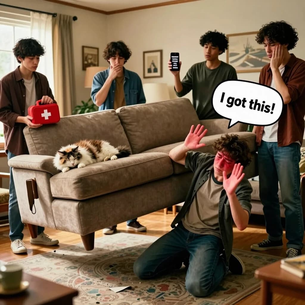 Cinematic humorous photorealistic shot of a cozy living room. A young person is trying to lift a huge, heavy sofa alone, face red with strain, knees buckling, but stubbornly refusing help. Around them, friends stand with open hands, ready to assist: one holds a first-aid kit, another holds a phone with a psychologist's number on the screen, a third just sighs with a knowing look. On the sofa, a fluffy cat is sleeping peacefully, completely unbothered. The person is waving them off with one hand, saying "I got this!" The room is warm and slightly messy.