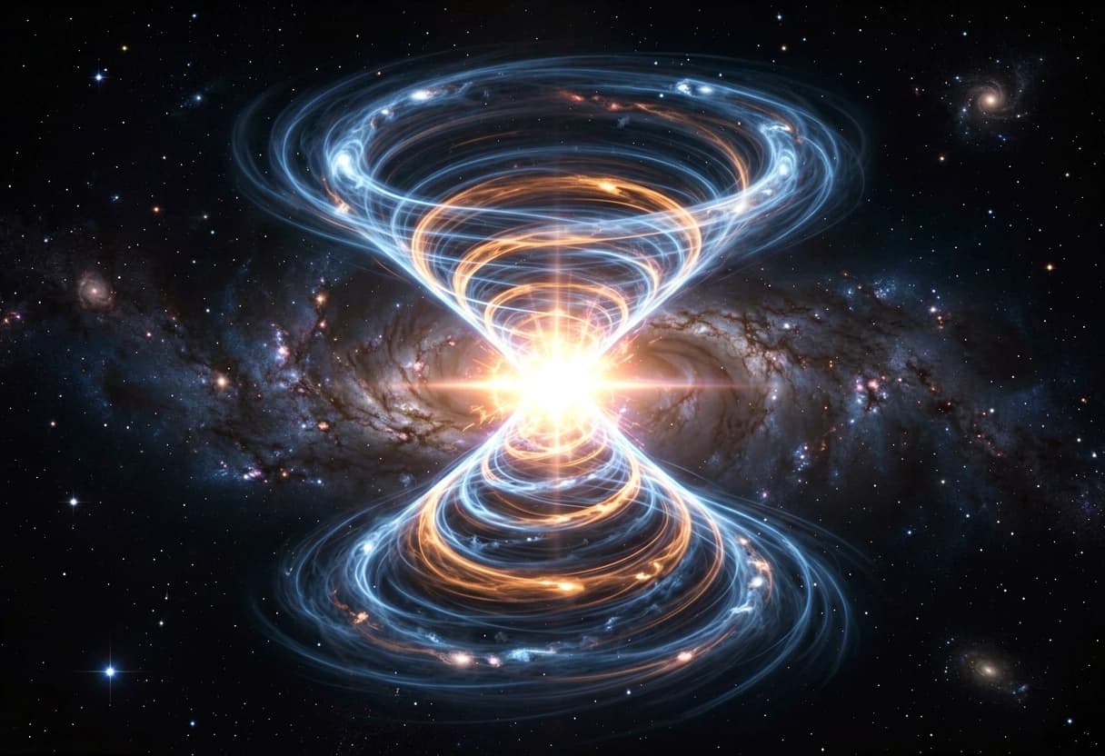 "A massive galactic quantum spiral shaped like an hourglass, consisting of two gigantic rotating energy funnels that taper and meet at the exact center. A blinding quantum flash explosion occurs at the convergence point where the funnels touch. Side view emphasizing the 3D volumetric structure and depth. The image highlights the boundless vastness of space with countless shimmering stars in the deep black background. Cinematic lighting, photorealistic, 8k resolution, epic scale, glowing energy filaments.