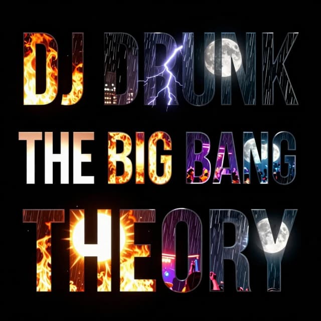 Bold 3D typography on a solid pitch-black background. The text is broken into three lines: first line "DJ DRUNK'", second line "THE BIG BANG", third line "THEORY". The font uses a font mask / clipping mask effect. Inside the letters, there is a dynamic collage of weather elements and city life: glowing fire, heavy rain with lightning, a night club party, a bright sun, and a glowing moon. High contrast, cinematic lighting, sharp details, graphic design asset --v 6.0 --style raw
