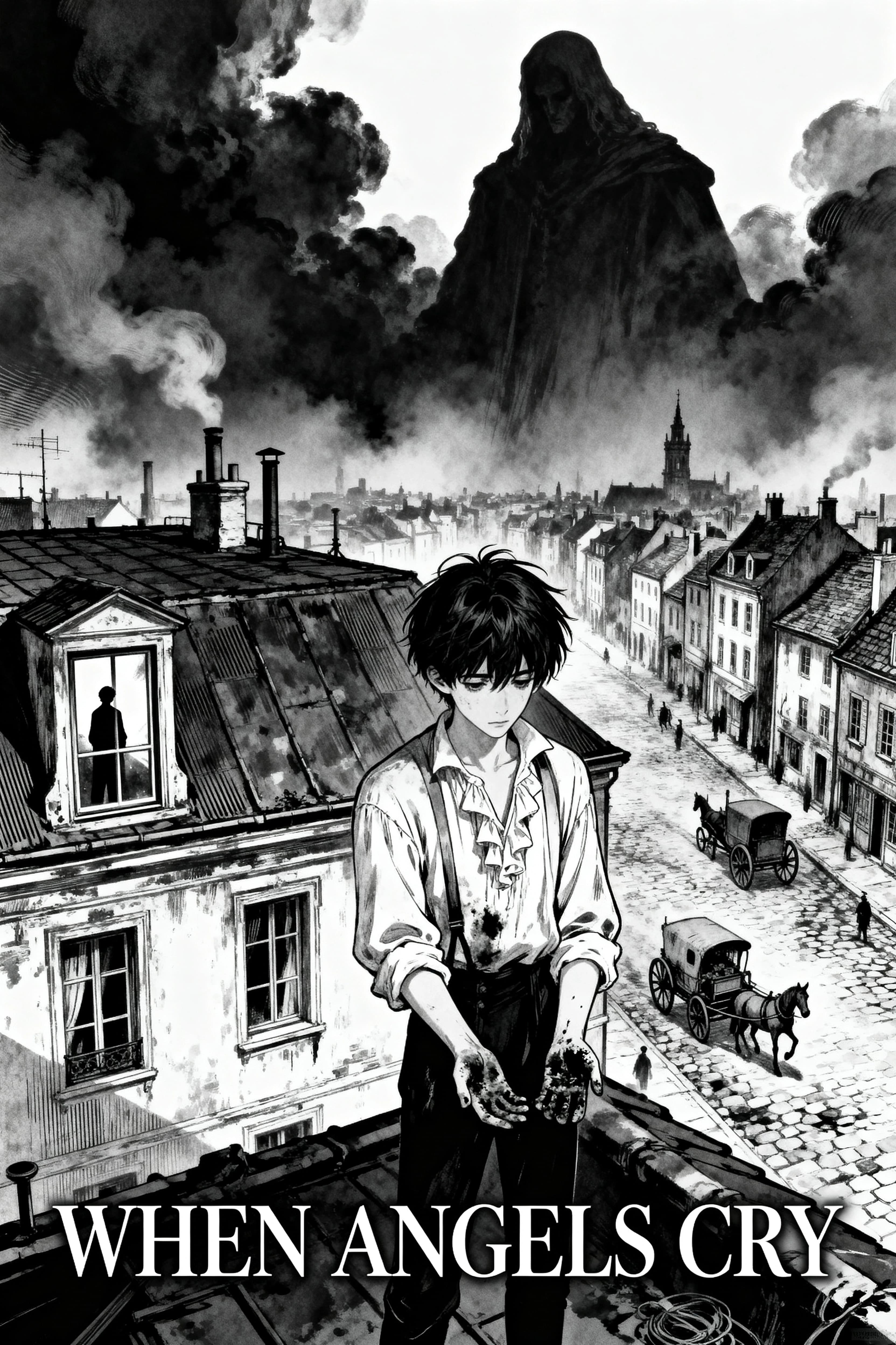 Black and white Japanese manga novel cover, dark supernatural mystery, psychological mystery, seinen manga aesthetic.

A young male protagonist standing alone on the rooftop of an old two-story European-inspired building. Messy dark hair, pale face, tired and confused expression, simple worn clothes inspired by 18th century Europe mixed with early industrial-era fashion.

He is looking down at his own hands, which are covered with dark stains. His expression shows deep confusion, as if he has awakened inside a life that does not belong to him.

The composition is dramatic and cinematic, with the protagonist occupying the lower center of the cover.

Behind him stretches a mysterious old European city filled with narrow stone streets, old houses, horse-drawn carriages, early mechanical vehicles, chimneys and distant towers. The city is drawn with extremely detailed manga backgrounds.

Above the city, enormous dark clouds form the barely recognizable silhouette of a gigantic supernatural figure watching over the city. Its presence remains ambiguous and hidden inside the clouds.

Behind the protagonist is an old rooftop window. In its reflection, the reflection appears subtly different from the protagonist, suggesting another identity or forgotten life.

On a distant rooftop, a tiny mysterious silhouette watches the protagonist from the shadows.

Use dramatic manga ink work, black ink, white negative space, cross-hatching, screentone shading, detailed line art, expressive eyes, cinematic perspective, atmospheric fog, deep shadows, intricate architecture, visual storytelling, psychological tension, subtle supernatural elements, hidden clues, symbolic composition, seinen manga, dark mystery manga, premium Japanese manga cover illustration.

Strong contrast between black and white, dramatic lighting represented through ink and screentone, elegant composition, mysterious atmosphere.

At the bottom center of the cover, place the title:
"WHEN ANGELS CRY"

The title must be clearly readable, correctly spelled, centered horizontally, large and elegant, with a dramatic classic manga typography style. The title should integrate naturally into the composition without covering the protagonist's face.

Pure black and white manga artwork, monochrome, no color, no additional text, no logo, no watermark, no signature.