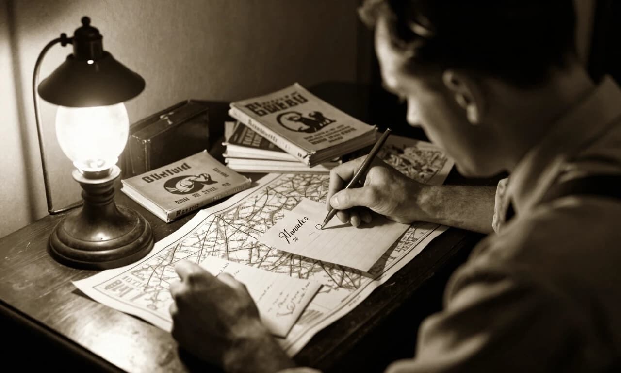 1940s man writing letters by lamplight at small desk, maps and tourist guidebooks scattered around, sepia tone, intimate lighting