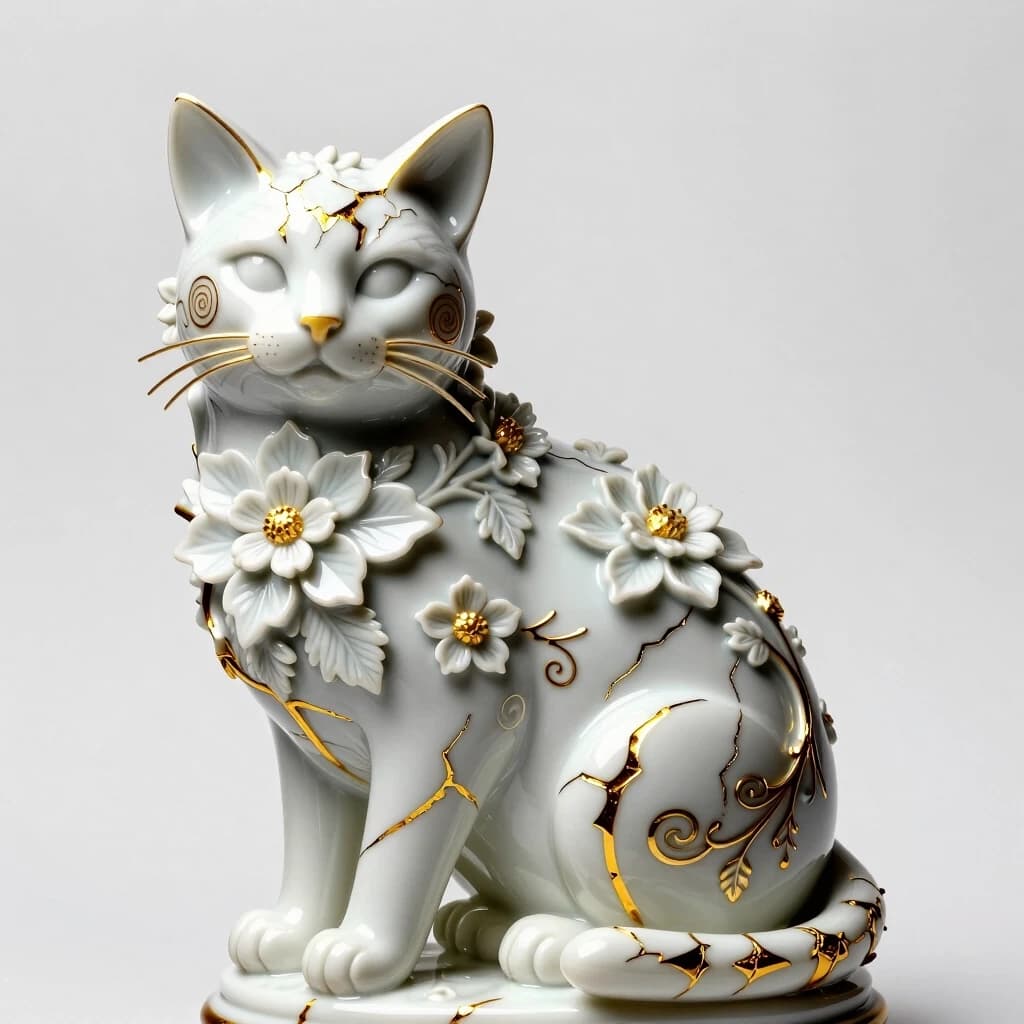 Digital image in Baroque and rocaille style with elements of kintsugi technique. Close-up. (Decorative sculpture made of white porcelain: 1.5). Golden cracks. Volume. The Persian cat. Glossy, porcelain, shiny. The cat's head and body are decorated with gorgeous embossed flowers. (Perfect white porcelain (1.5 ). Exquisite carvings that convey the fur, whiskers and tail of a seated cat. The edges of the leaves and the patterns are decorated with intricate carvings. Thin twigs, delicate flowers and leaves. Lots of fine gold veins. Intricate weaves, swirls, almost psychedelic ornaments. An amazing, mesmerizing sight: the glow. Luminescence. The background is white, with shadows and spectacular lighting. Style: rococo, surrealism, fairy tale, fantasy. Dynamic and expressive. Subtle patterns. Stylization, intricate decorative molding, surrealism, modernism. In the manner of Andrew Jones, Lorenzo Bernini. High quality.