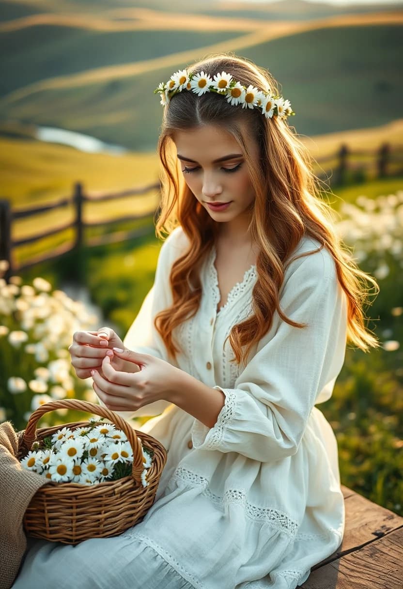 A high-quality, cinematic portrait of a young Caucasian woman with long, wavy light-brown hair, wearing a rustic off-white linen dress with delicate lace detailing and long sleeves. She has a serene, gentle expression, looking down as her hands expertly weave a crown of fresh white daisies. A matching daisy flower crown rests atop her head, framing her soft facial features. She sits on a weathered wooden surface in a sun-drenched meadow filled with blooming wild daisies. Next to her sits a woven wicker basket overflowing with freshly picked daisies, lined with coarse, textured burlap fabric. The background features a rolling pastoral landscape with a meandering stream, distant green hills, and a traditional wooden split-rail fence under warm, golden hour sunlight. The lighting is soft and ethereal, creating a nostalgic, romantic atmosphere with a shallow depth of field that keeps the subject in sharp focus while blurring the lush, vibrant green surroundings. Intricate floral textures and rustic natural elements define the peaceful, timeless, and idyllic composition.