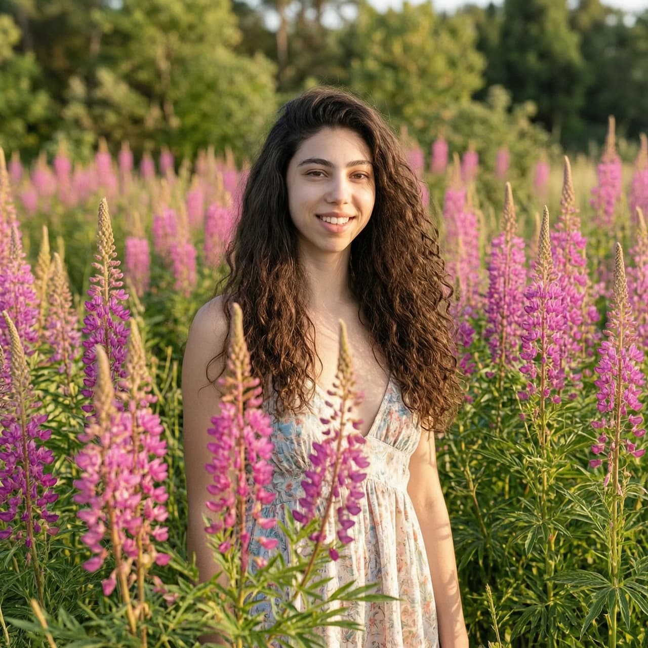 Realistic high quality photo. A girl in a low-cut summer dress poses smiling in a field of fireweed.