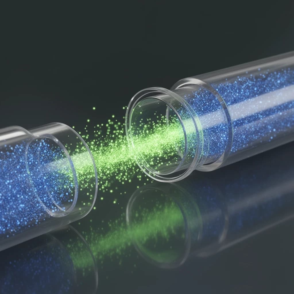 3D render, surface reflections, 3D rendering, surface reflections, 2 transparent tubes, reflecting on the surface below, clear image, highlights and reflections, a stream of glowing green energy particles rushes towards a stream of blue particles inside the ring tubes of the CERN