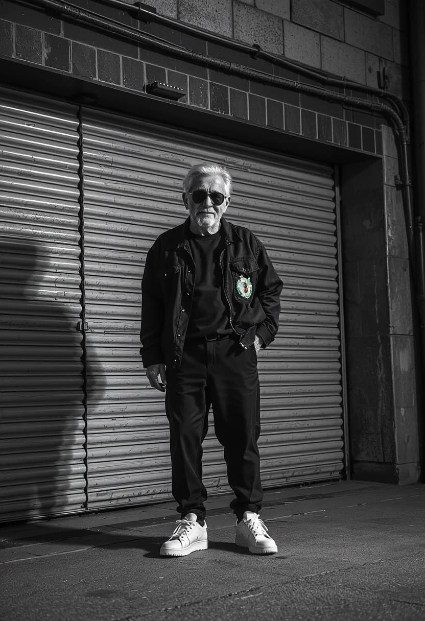 Aesthetics, provocation, photorealism, oversized techno fashion, silhouettes of cool fashionable grandmothers, the real tallest and oldest crazy dad-fashion designer with a model appearance, blinds on garage doors, monochrome, black and turquoise neon, unusual angle, heavy white sneakers, giant fashionable glasses