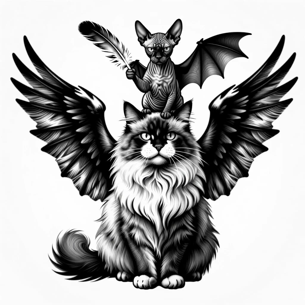 Tattoo design, engraving style. A fluffy long-haired cat with griffin wings sits proudly, puffed up. A hairless Sphynx cat with bat wings perches on its head, holding a stolen griffin feather from the fluffy cat's wing like a trophy. The fluffy cat hasn't noticed yet. Mischievous, trickster vibe, black and white etching, intricate linework, dynamic composition.