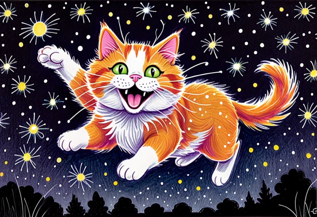A children's crayon and marker drawing of a cute fluffy orange and white cat with big round sparkling eyes, pink nose, rosy cheeks and a joyful open-mouthed smile, leaping playfully through the air with paws outstretched to catch glowing yellow-green fireflies. Deep dark night sky in rich indigo and deep purple tones with soft white stars and small sparkles. Dark green grassy ground with muted dark green and blue bushes and a small tree on the left. Fireflies are simple