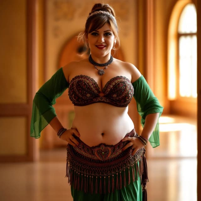 front view chubby belly dancer fifty years woman in green costume brown short ponytail hair stand in hall