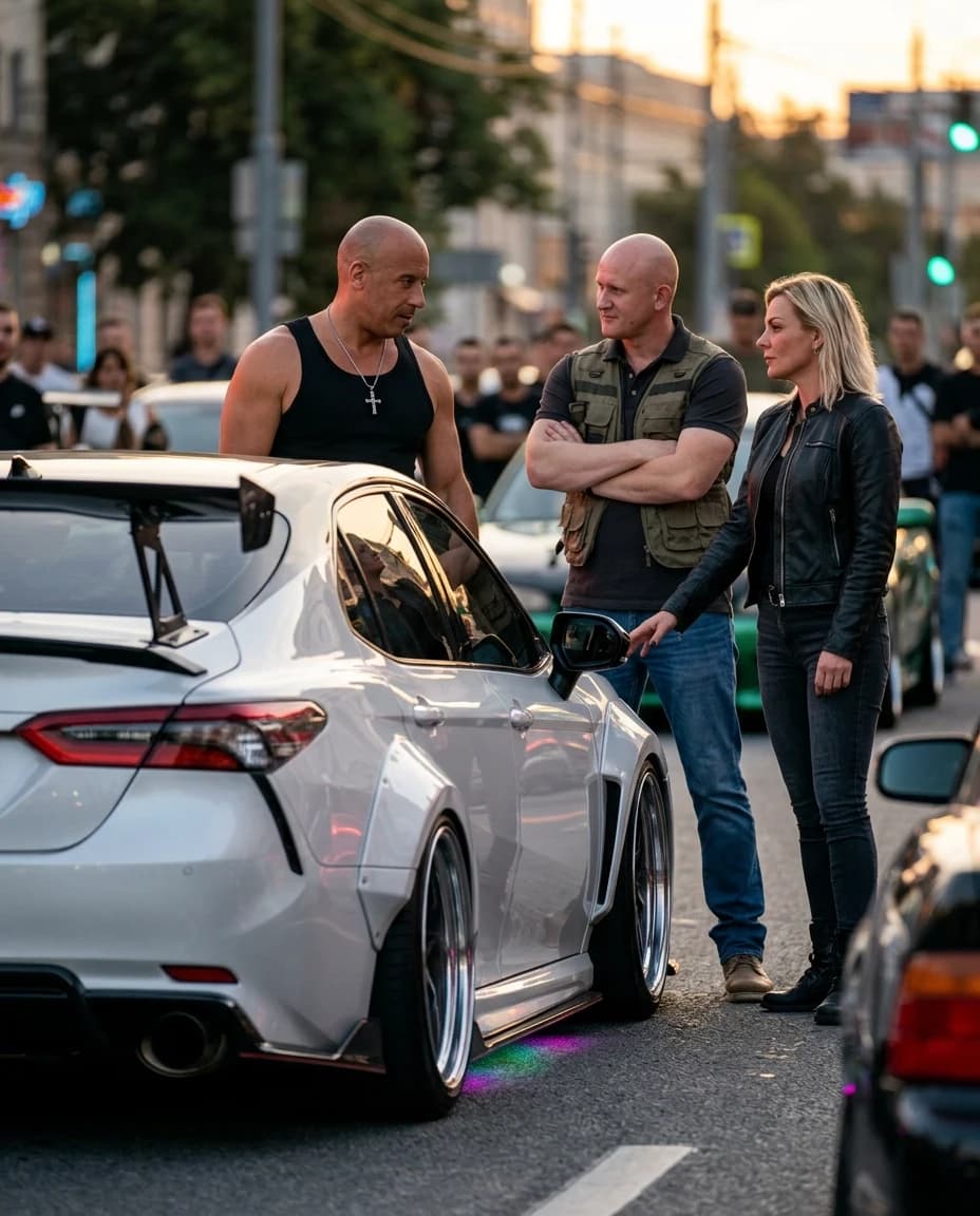 Cinematic hyper-realistic film still, high-octane street racing atmosphere. A man and a woman, dressed in stylish modern streetwear with racing aesthetics, stand confidently next to their heavily customized, wide-body white Toyota Camry. The Camry features aggressive aerodynamic kits, lowered suspension, custom deep-dish rims, and subtle neon underglow. Standing beside them, Vin Diesel as Dominic Toretto, with his signature intense gaze and rugged look, leans in slightly, looking at the car with genuine admiration and a respectful nod. The composition is a medium wide shot, capturing the full scale of the car and the characters in perfect anatomical proportion. Lighting is dramatic late-evening golden hour mixed with urban street lamps, creating realistic reflections on the car's polished white paint and metallic surfaces. Shallow depth of field with a soft bokeh background of a city racing meet. Shot on 35mm lens, Panavision aesthetics, extreme detail on skin textures, fabric weaves, and mechanical car parts. High dynamic range, natural color grading, no distortions, professional movie cinematography style.