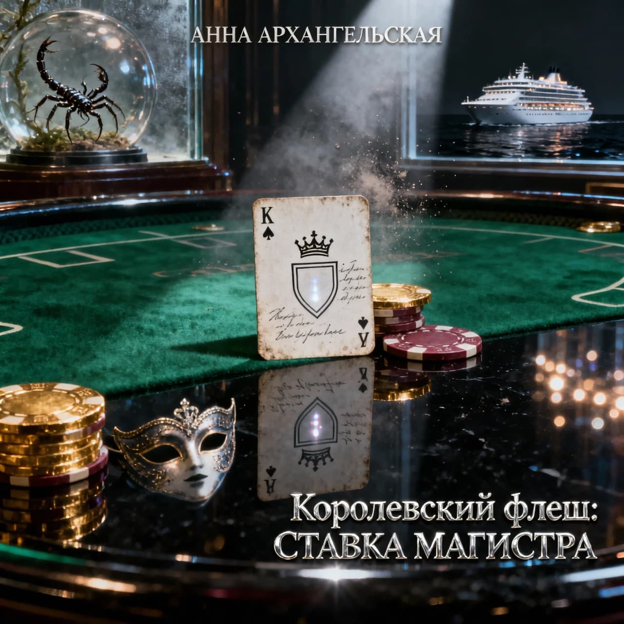 Premium A5 book cover for a detective thriller, vertical orientation. Cinematic realism, hyper-detailed photorealism. 

Composition: A macro close-up shot of a professional poker table covered in deep emerald-green felt. In the center, a single, slightly worn playing card—a "White King" without a suit, featuring a minimalist crown contour and an empty shield. The card is textured, with faint, handwritten script visible through the paper as light bleeds through it. Beside the card lie two or three high-end casino chips and a sharp, thin crack of light cutting through the darkness, like a focused spotlight. 

In the polished, dark reflection of the table's surface, there is a ghostly, sophisticated зеркальная masquerade mask and the blurred, bokeh lights of Monte Carlo. In the upper corner, subtly out of focus behind frosted glass, a small, elegant terrarium reveals the faint, non-grotesque silhouette of a scorpion. In the far distance, visible through a window, a magnificent, glowing modern cruise liner glides on the dark sea.

Atmosphere: Cold luxury, intellectual tension, and an impending sense of threat. A light haze hangs in the air with microscopic dust particles dancing in a single dramatic light beam.

Color Palette: Deep obsidian black, rich emerald green, polished gold, subtle blood-burgundy accents, and sharp silver highlights.

Typography (Russian language only):
Top: "АННА АРХАНГЕЛЬСКАЯ"
Королевский флеш:
СТАВКА МАГИСТРА