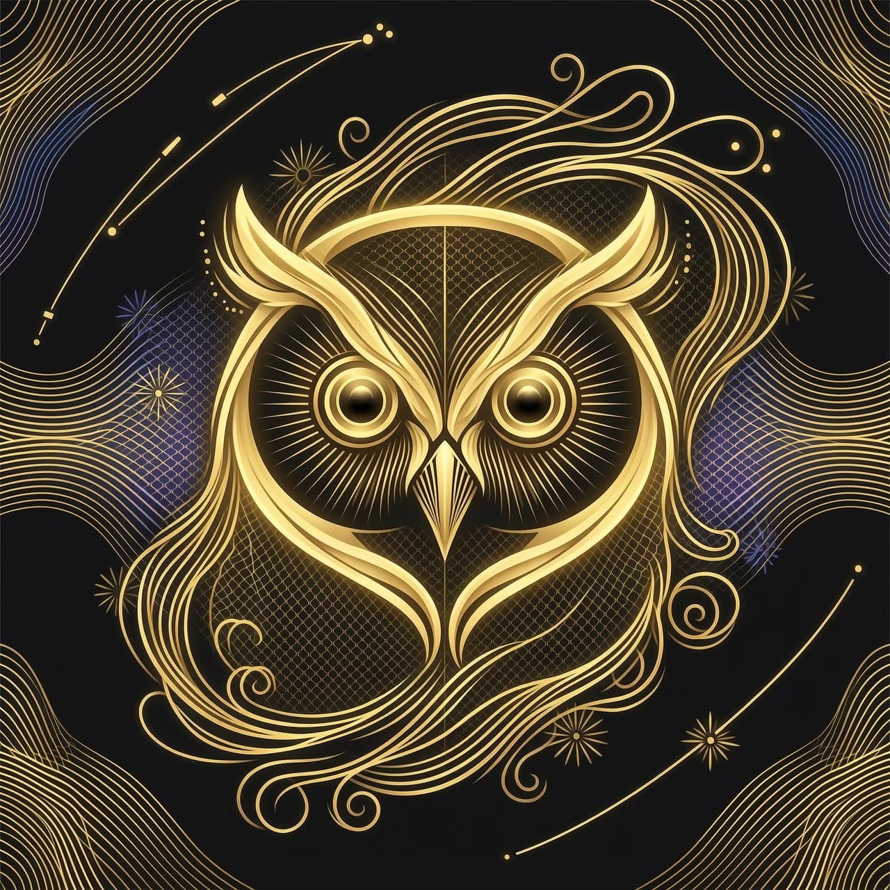 A minimalistic digital illustration of a owl, front view, created with elegant fluid golden lines and glowing dynamic wave patterns, intricate mesh and wireframe textures, abstract flowing mane blowing in the wind, shimmering gold threads on a solid deep black background, luxurious aesthetic, highly detailed, vector art style, contrast lighting, 8k resolution, generative art