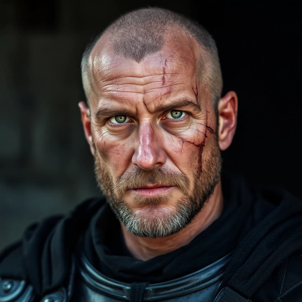A middle-aged man with a calm gaze of green eyes, dressed in a crusader's uniform with black armor. He has scars on his face from the past. He doesn't have a beard and has a short haircut.