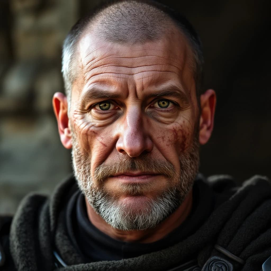 A middle-aged man with a calm gaze of green eyes, dressed in a crusader's uniform with black armor. He has scars on his face from the past. He doesn't have a beard and has a short haircut.