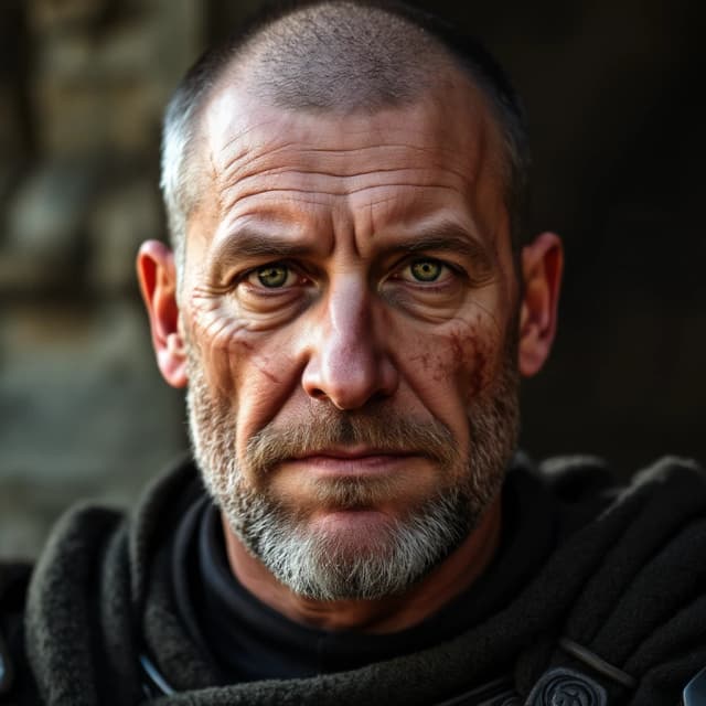A middle-aged man with a calm gaze of green eyes, dressed in a crusader's uniform with black armor. He has scars on his face from the past. He doesn't have a beard and has a short haircut.