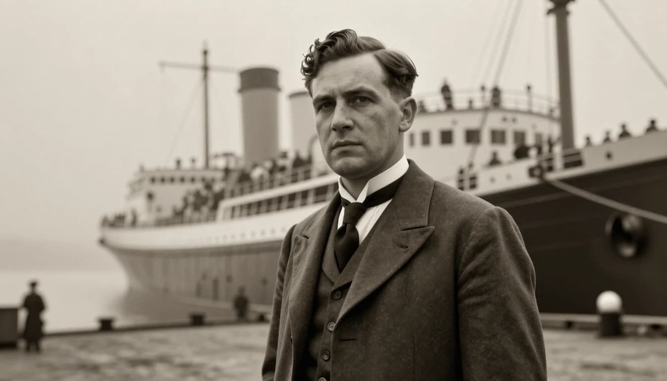 Aged 1940s passport photo style portrait, man boarding ship to South America, moody sepia tone, dockside fog