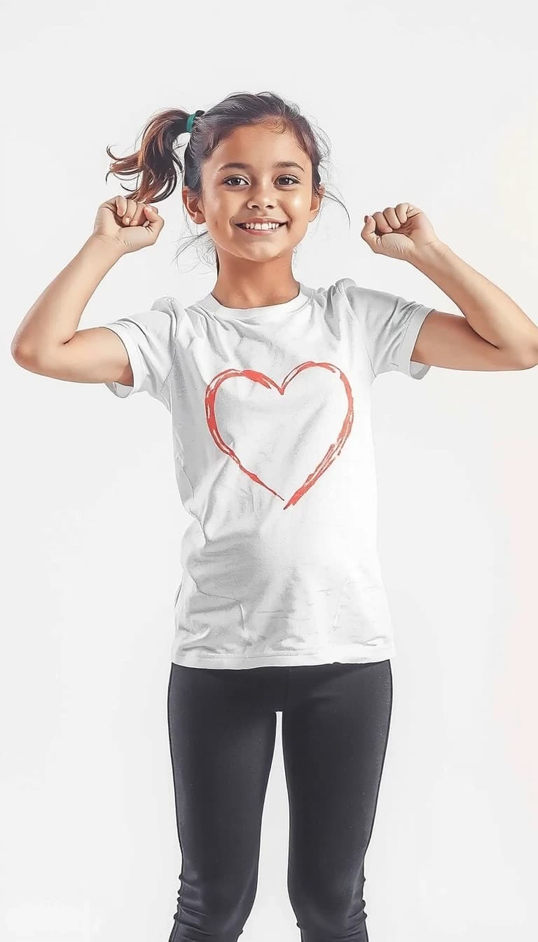 Professional graphics on a pristine white background. A girl exercising in a T-shirt with a large heart drawn on it.