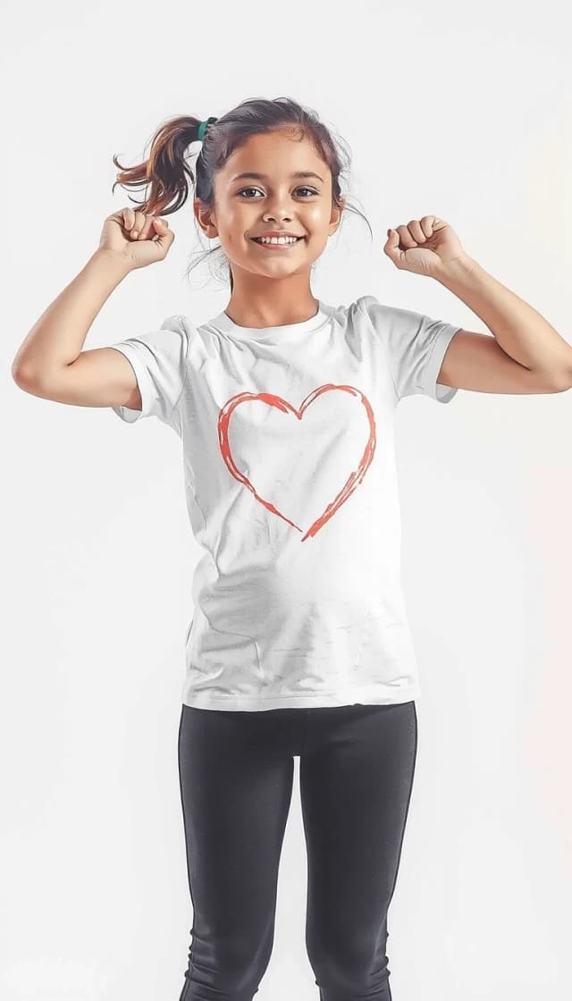 Professional graphics on a pristine white background. A girl exercising in a T-shirt with a large heart drawn on it.