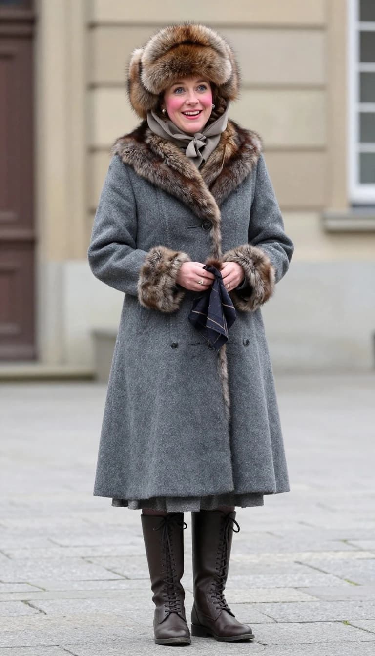 A gray cloth skirt that reached to the middle of the shin was visible from under a fitted coat trimmed with squirrel fur. On the Empress's head was a round fur cap, slightly tilted to one side and worn over a simple woolen shawl. This handkerchief made her face look more rounded. She was holding a small muff in her hands. On his feet were high boots or boots with lacing. Her cheeks were pink with excitement, juicy lips, blue eyes and a smile complemented her image — a little confused, but at the same time joyful and charming.